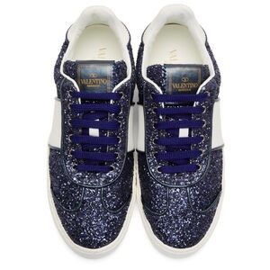 Valentino Blue Glitter & White Leather Flycrew Rockstud Sneakers - US 6 (36.5)